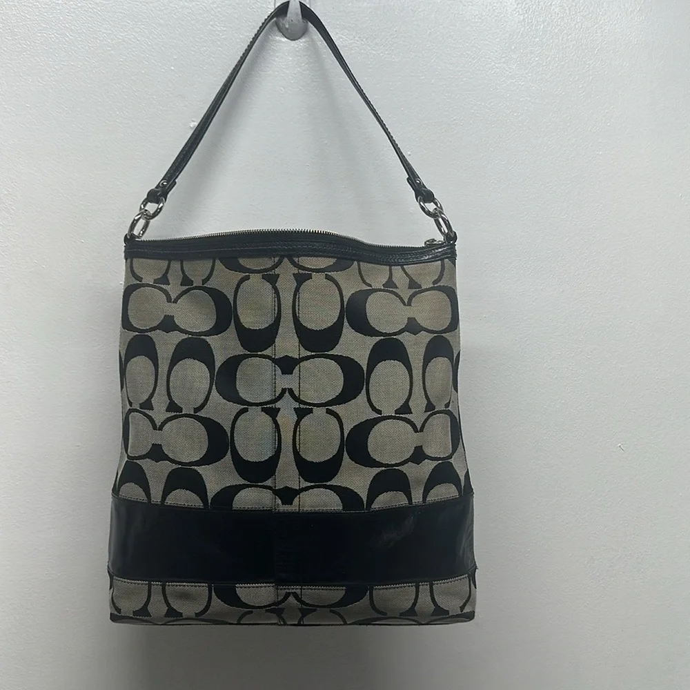 Coach Chelsea Purse Signature Stripe Hobo Bag Shoulder Canvas Leather Black Gray
